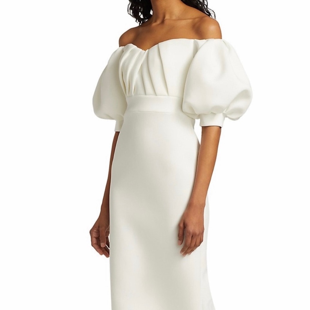 Badgley Mischka Mid-Dress, Cream/White with Puff off the shoulder sleeves